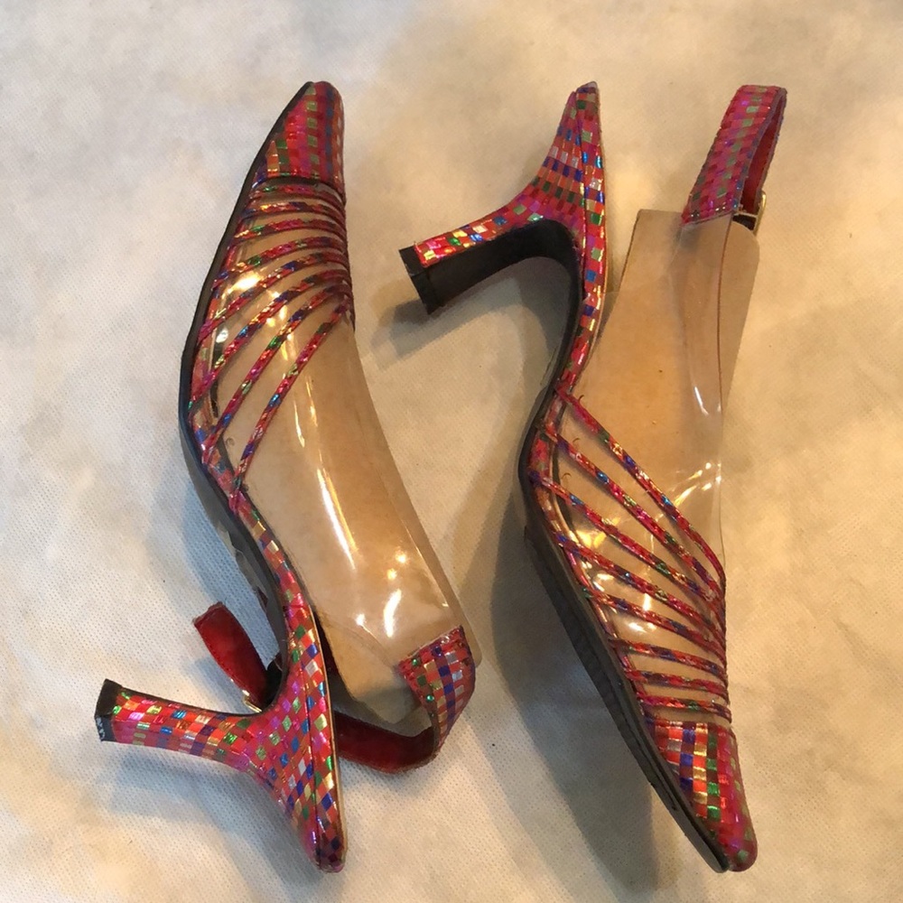 💞 Moved - Amanda Vinyl & Metallic ribbon back strap funky heels